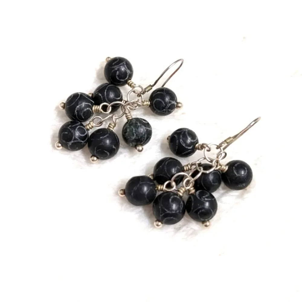 Vintage Artisan Made Carved Ceramic Bead Dangle Earrings on Sterling Silver - Picture 2 of 10